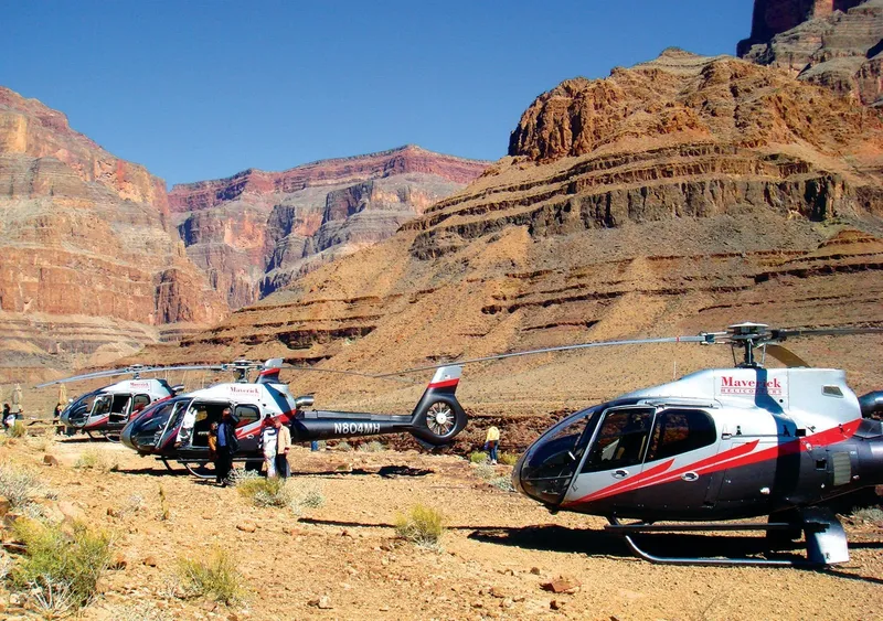 Helicopters landed on the Grand Canyon floor during the Grand Canyon helicopter landing tour