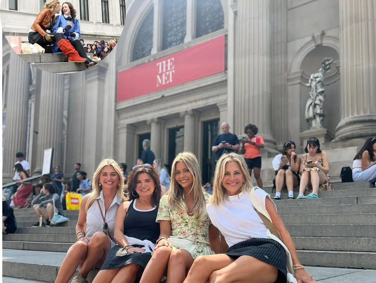 Four guests on the Met Steps in summer, with the show's original scene inset