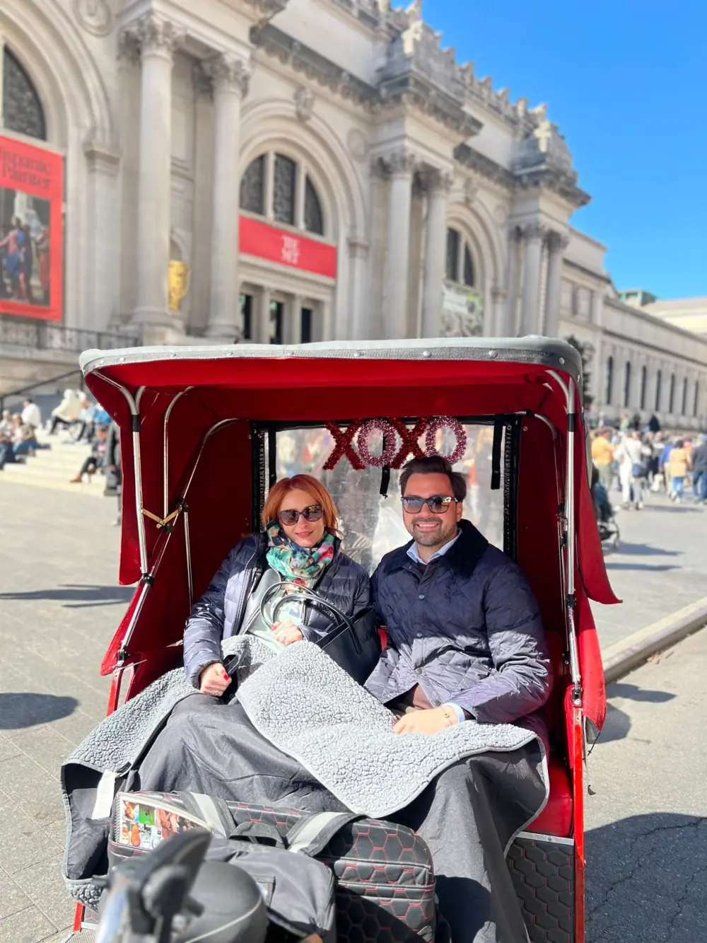 Gossip Girl Pedicab Tour NYC — XOXO pedicab in front of the Met steps on Fifth Avenue with Gossip Girl Tours guests