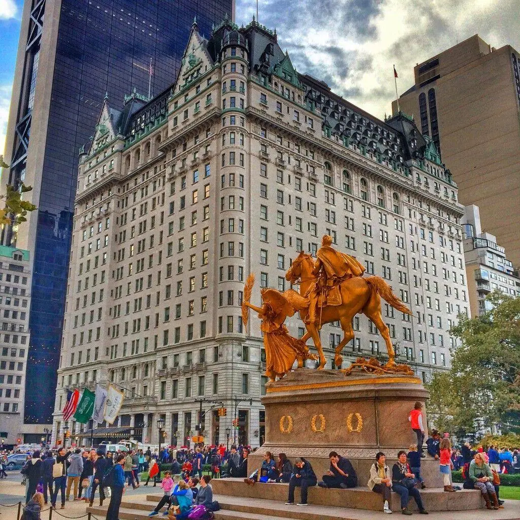 The Plaza Hotel Beaux-Arts facade beside the Grand Army Plaza statue on Fifth Avenue — Gossip Girl Tours filming location in New York