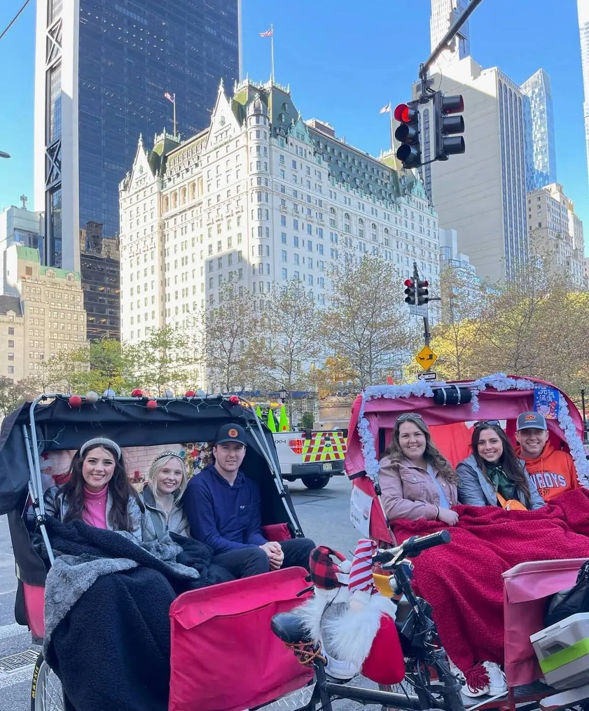 Gossip Girl Tours pedicab guests in front of The Plaza Hotel on Fifth Avenue, New York
