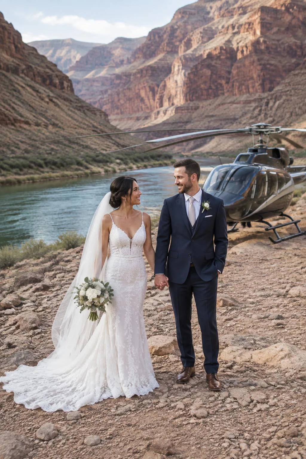 Couple on their wedding day on the Grand Canyon floor beside a helicopter with Vegas Canyon Air